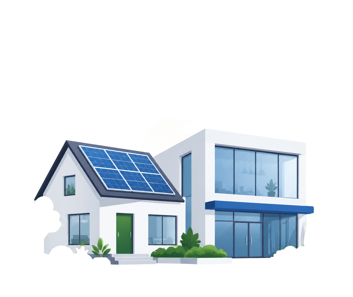 Residência e empresa utilizando energia solar por assinatura, com painéis solares ao fundo